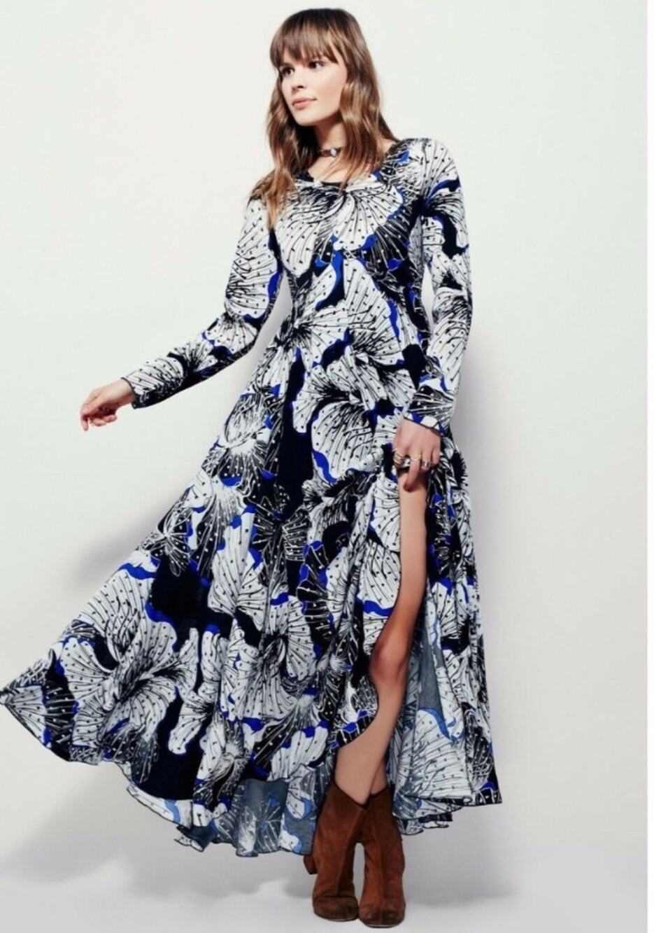 New FREE PEOPLE First Kiss Maxi Dress  $148 SMALL Dark Onxy LONG-SLEEVE